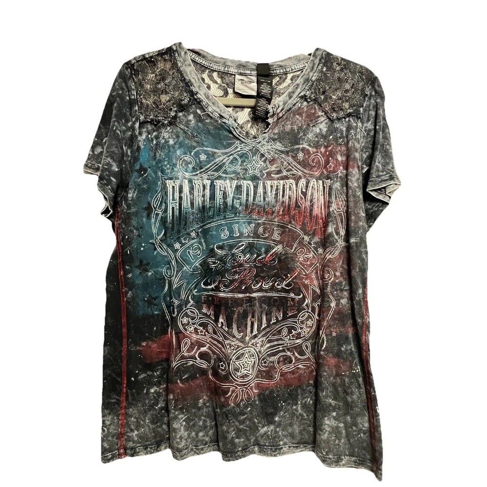 Harley Davidson Womens Shirt Pullover Patriotic Loud Proud Freedom Rhinestone Lg